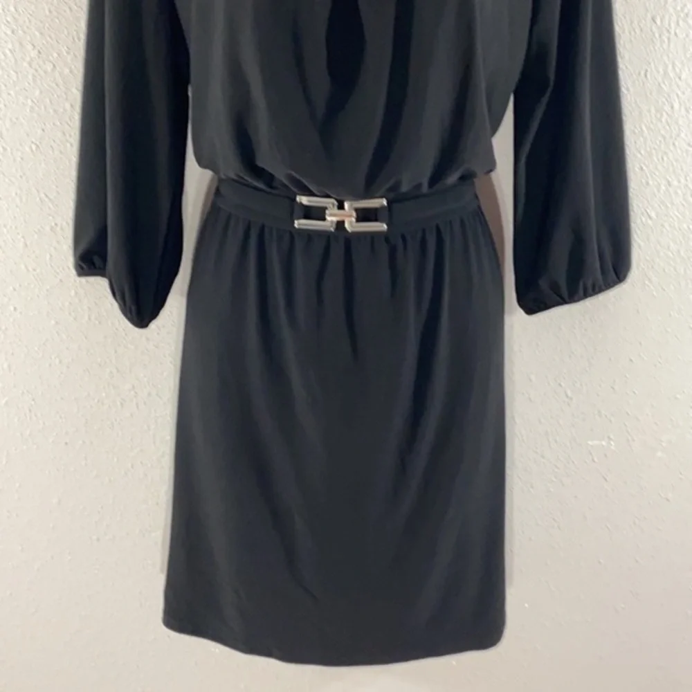 WHBM black blouson attached belt dress